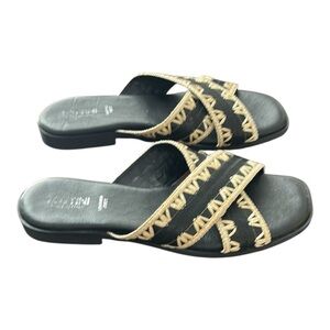 Lottini Made in Italy Leather Black Beige CrissCross Rafia Trim Leather Sandals